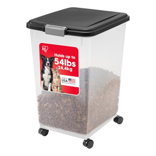 IRIS USA Dog Food Storage Container, Up to 54 Pounds, Attachable Wheels, For Dog Cat Bird and Other Pet Food Storage Bin, Keep Fresh, Easy Mobility - Made in USA, Black