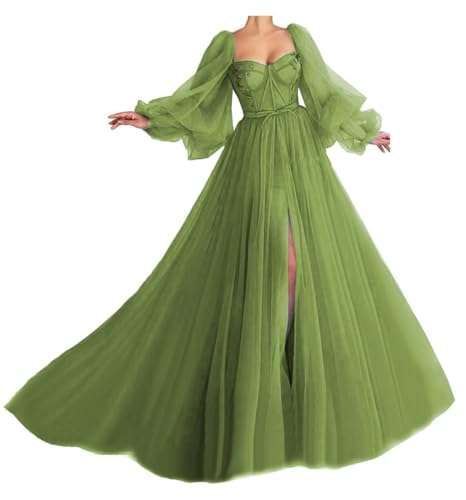 Puffy Sleeve Prom Dress Sweetheart Tulle Ball Gown Slit Formal Evening Gowns Princess Wedding Dresses Olive Size 28