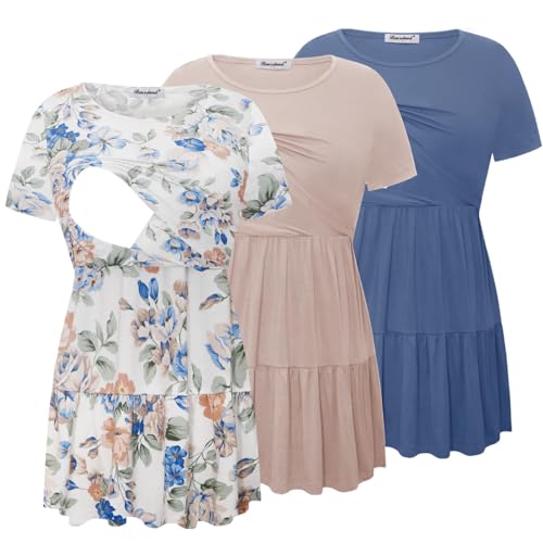 Bearsland Women’s Nursing Top 3pack Short Sleeve Scoop Neck Nursing Shirt Breastfeeding Shirts, Haze Blue & Light Apricot & Blue Roses, S