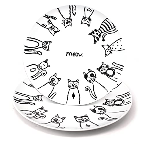 LEADEX Cartoon Cat Porcelain 10.5-Inch Dinner Plate Set,Set of 2