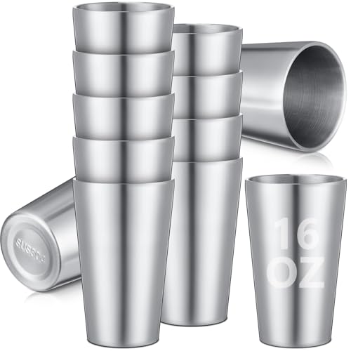 Ziliny 12 Pack 304 Stainless Steel Cups Double Wall Vacuum Cup Stackable Insulated Metal Tumbler Drinking Glasses for Party Bar Travel Camping Home and Outdoor(Sliver,16oz)