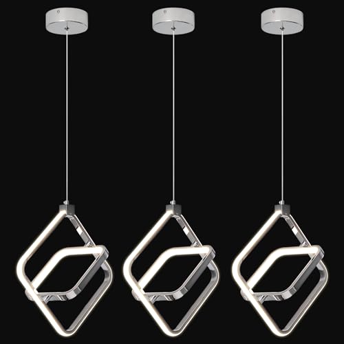 BNHHLZ Modern LED Chandelier Chrome Rectangular Pendant Light Fixtures 4000K 20W Dimmable Height Adjustable Pendant Lighting for Dining Room Kitchen Island Bedroom Living Room Foyer（3-Pack）