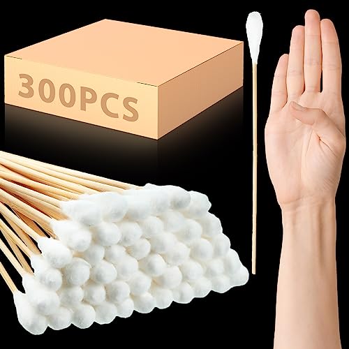 Zhehao 300 Pcs 8 Inch Large Cotton Swabs with Bamboo Handle Oversized Extra Long Cotton Tipped Applicators with Large 1/2" Diameter Ear Swabs for Wound Cleaning, Makeup