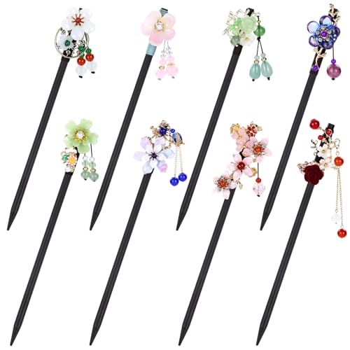 inSowni 8 Pieces Vintage Asian Chinese Traditional Hanfu Flower Wooden Hair Sticks Pins with Bead Pendants Hair Chopsticks Forks Bun Updo Holders for Women Girls