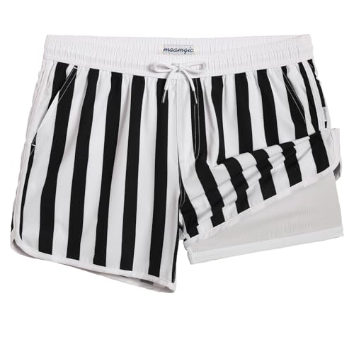 maamgic Mens Short 80s 90s Vintage 5.5" Swim Trunks Swimsuits Board Shorts Compression Liner Quick Dry 2 in 1 Bathing Suits Black White Stripe Large