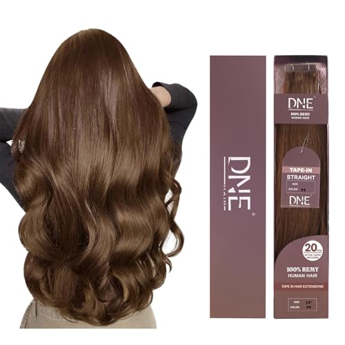 DNE Tape in Hair Extensions Real Human Hair 18 inches 20Pcs/50g/Pack Seamless #4 Medium Brown Dark Color Straight Invisible Double Sided Tape in Hair Extensions for Women/Girls Can Be Curled and Dyed