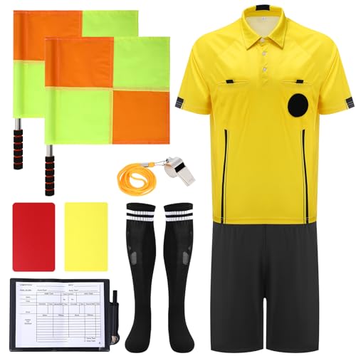 7PCs Soccer Kit - Adult Referee Jersey, Cards, Whistle, Socks, Flags, Costume M