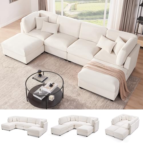 Huatean Home 125 Inch Oversized Corduroy Modular Sectional Sofa, U Shaped Modular Couch with Storage, 6 Seat Convertible Corduroy Couch, Comfy Sectional Couches for Living Room with Memory Foam, Beige