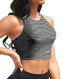 Yonique Women Bikini Top Only Crop Swim Top Longline Swimsuit Tops High Neck Bathing Suit Top Black and White Stripes Medium