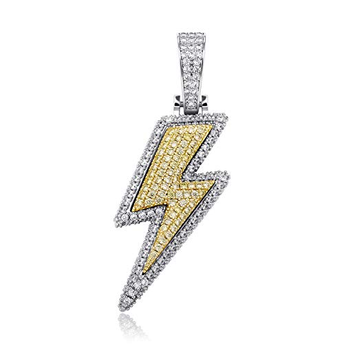 JINAO Hip Hop Large Lightning Bolt Design Pendant 18k Gold Plated Iced Out Cubic Zirconia Micropave Simulated Diamond Pendant Necklace Chain for Men Women (Two Color Big)