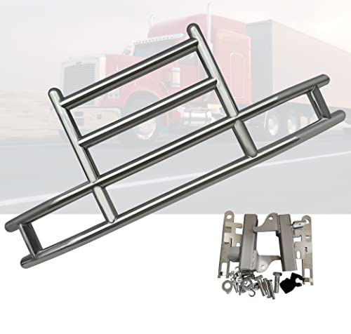 QSC Truck Parts Large Heavy Duty Polished 304 Stainless Steel Deer Guard w/Bracket compatible with Kenworth T680 13-21 + Steel License Plate Holder