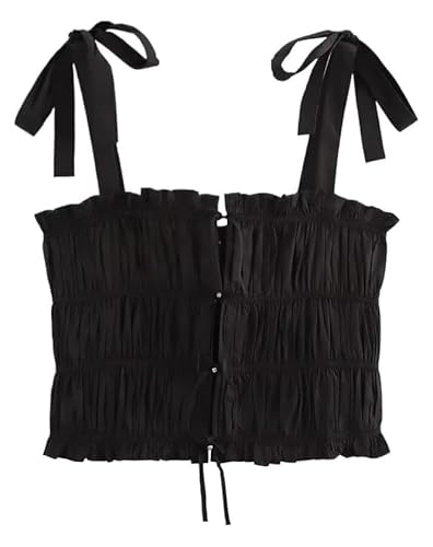 Pleated Tank Tops with Jewelled Bows for Women Square Neck Thin Straps Solid Color Camisole Vest