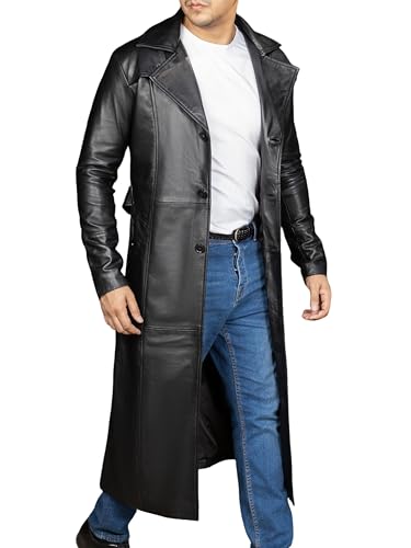 Jild Vintage Classic Leather Trench Coat Men - Full Length Duster Overcoat Lambskin Leather Long Coats for Men (LCM-Blk-S)