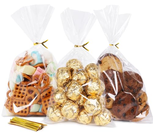SUREHOME Cellophane Bags, 100 Pack Clear Gift Bag Cellophane Treat Bags with Ties 6x10 Inch Plastic Small Cello Candy Bag for Party Favors Easter Goodie Graduation Cookies Bakery Popcorn Wraps