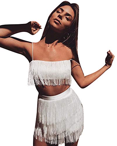 Womens Sexy 2 Piece Outfits Sleeveless Crop Top Feather Tassels Bodycon Mini Dress Outfits Clubwear White S