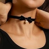 Bow Choker Necklace Black Lace Bow Ribbon Necklace Pearl Bow Necklace Red Bow Necklace for Women Bow Jewelry for Christmas Gifts (Black)