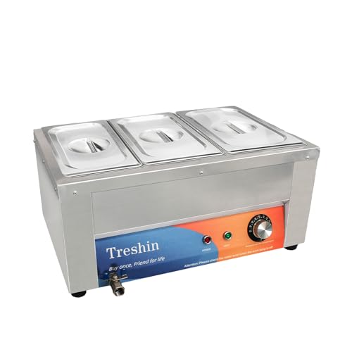 Treshin 3 Pan Commercial Food Warmer 21 Qt Capacity 1200W Stainless Steel Electrical Bain Marie Buffet Food Warmer Steam Table with Temperature Control & Lid for Home, Party, Catering, Restaurants