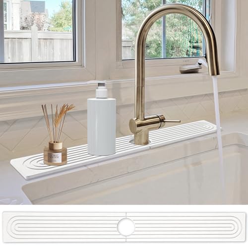 Kitchen Sink Splash Guard- 23.6''x 3.9''Diatomite Splash Guard for Sink,Quick-Drying Water Absorbing Stone Tray for Kitchen and Bathroom,With Sandpaper and Bottom pads(White)