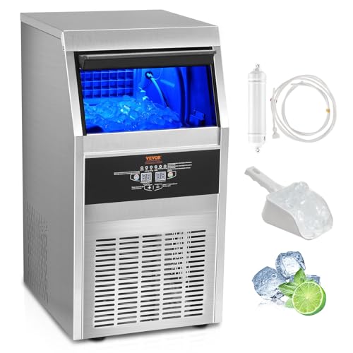 VEVOR Commercial Ice Maker Machine, 90LBS/24H 33LBS Bin, Upgrade Stainless Steel Commercial Ice Machine for Home Bar Resaturant, Include Electric Water Drain Pump/Water Filter/ 2 Scoops