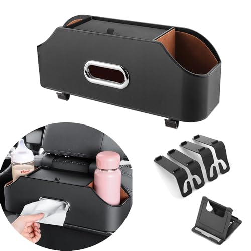 Car Back Seat Organizer with 2 Drink Cup Holder and Tissue Box, Headrest Hanging Storage Box with Hooks and Phone Holder, Multi-Functional Storage for Kids and Travel. (Black)
