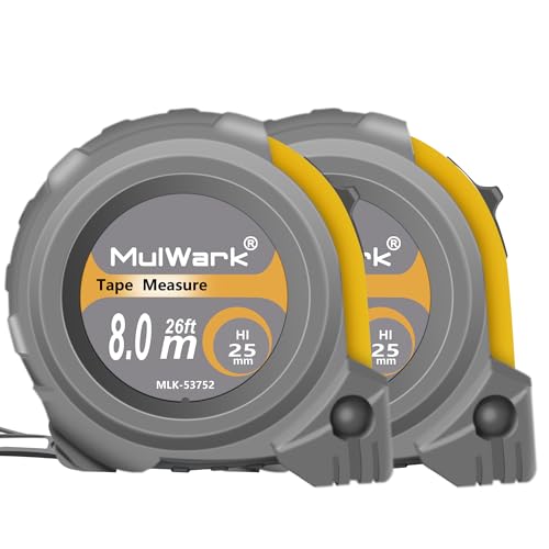 MulWark Pack of 2 26ft Measuring Tape Measure by Imperial Inch Metric Scale with Both-Side Metal Blade, Magnetic Tip Hook, and Shock Absorbent Case for Construction, Carpenter, Architect, Woodworking