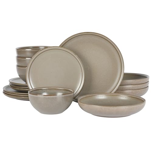 Gibson Elite Beckett Stoneware Matte Reactive Glaze 16 Piece (Service for 4) Plates and Bowls Dinnerware Set - Grey