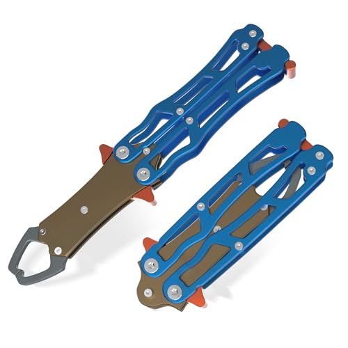 UEDGER Fish Lip Gripper Tools - Foldable Fishing Grabber Tool, Portable Lightweight Aluminium Alloy Fishing Grips Pliers Hook Remover Accessories Gift for Men(Blue-Brown)