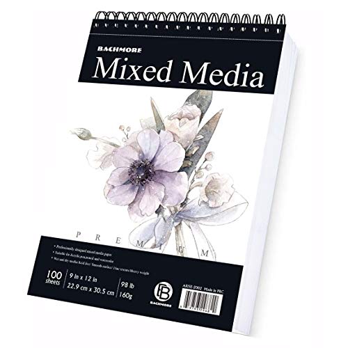 Bachmore Sketchpad 100 Sheet, Watercolor, Acrylic Art Pad for Sketching, Ink Sketch Book, Coloring Notebook - 98 Ib/160 g/m2 in Multi-Media Spiral Notebook, Drawing Paper, Drawing Pad (9'' X 12'')