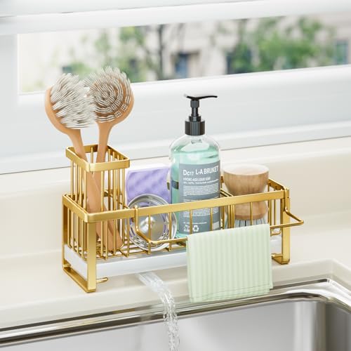 HapiRm Sponge Holder for Kitchen Sink - Self-draining Sink Caddy with Brush Holder and Dishcloth Holder, Stainless Steel Kitchen Organizer for Countertop - Gold