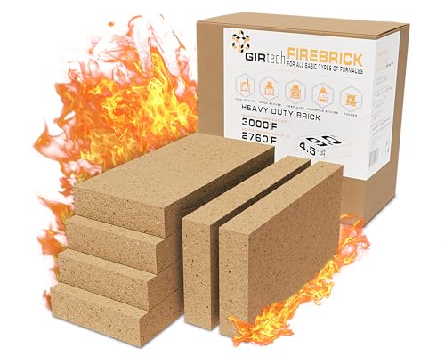 GIRtech USM-6 Heavy Duty Firebricks 6-Pack Fireclay, Chamotte 3000F US Stove 9" x 4-1/2" x 1-1/4" Insulating, Replacement Fire Bricks for Fireplaces, Wood Stoves, Pizza Ovens, Steel Furnaces, Forge