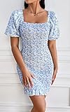 PRETTYGARDEN Women's Summer Floral Mini Bodycon Dresses Short Puff Sleeve Square Neck Ruffle Hem Mermaid Cocktail Dress (Light Blue White Flower,Medium)