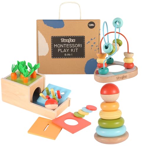 Wooden ​Montessori Learning Toys Kit,Babies Toys Set for 1 Year Old, Sensory and Thinking Play kit for Toddlers (Boys and Girls). 4 in 1 Drop Box; Rocking Stacker; Bead Maze.