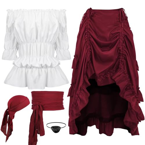 Suhine 5 Pcs Women Halloween Pirate Costume Medieval Renaissance Viking Accessories Victorian Top Skirt Head Scarf Eye Mask (Burgundy Skirt,L)