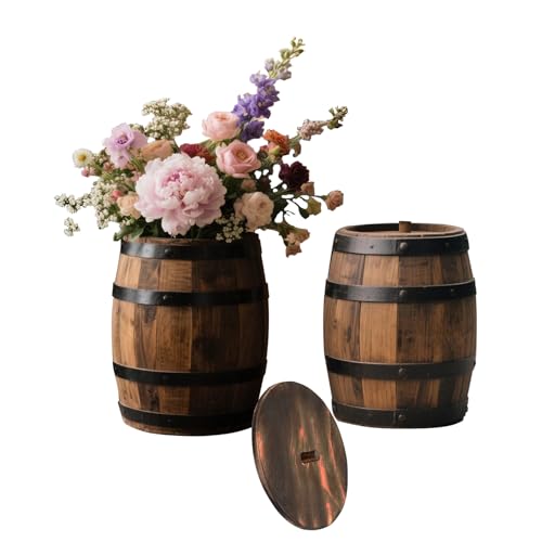 2 Pcs Wood Wine Barrel Vase 8" x 6.5" – Rustic Wooden Flower Vase Planter for Wedding Reception, Home Indoor Outdoor Garden, Kitchen, Party Table Decoration