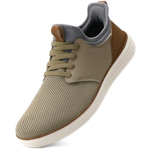 VILOCY Mens Slip On Casual Dress Shoes Hands Free Fashion Sneakers Mesh Tennis Walking Shoes Comfortable Work Shoes Breathable Lightweight Non Slip Khaki,EU44New