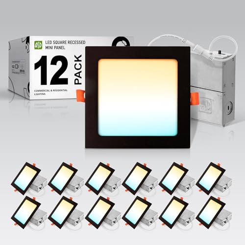 ASD 12 Pack LED Square Recessed Lighting 6 Inch, 5 CCT 2700K-5000K CRI90+, 15W 60W Eqv, Ultra Thin Dimmable Ceiling Lights with J Box, Canless Wafer Downlight, Slim Panel Light, UL Energy Star, Black