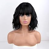 MISSQUEEN Short Wavy Black Wig with Bangs, Short Black Bob Wigs for Women, Wavy Bob Wig with Bangs Synthetic Natural Looking Heat Resistant Fiber Wigs