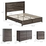 Albott 5 Piece Farmhouse Bedroom Set, Including Queen Bed Frame with Headboard, 6 Drawer Dresser & 5 Chest of Drawers, 2 Nightstands with Charging Station for Bedroom, Rustic Grey