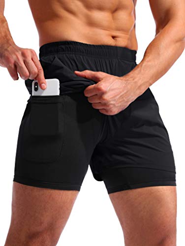 Pudolla Men’s 2 in 1 Running Shorts 5" Quick Dry Gym Athletic Workout Shorts for Men with Phone Pockets(Black Medium)