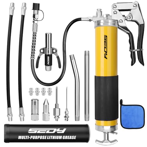 17-Piece Heavy Duty Grease Gun Kit: 14oz Grease Tube Flexible Hose Bearing Grease Pump 8000 PSI Pistol Grip Grease Guns Tool Marine Durable Connectors Adapters Extension Tubes Nozzle Easy Operation