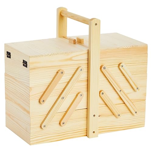 Juvale Wooden Sewing Box Organizer for Sewing Supplies with 3 Tier Drawers for Craft Tools, Needles, Pincushions, Art Supplies, Thread Spool Organizer (12.6 x 5.9 x 8.3 Inches)