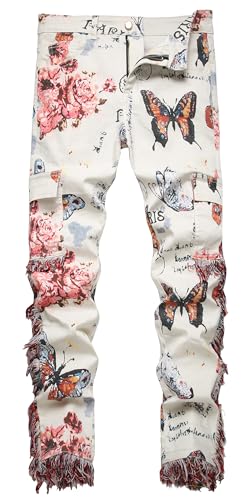 Enrica Men's Casual Fashion Color Printed Straight Slim Fit Jeans, Bbutterfly 866, 38