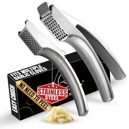 No Peeling Required Garlic Press Stainless Steel with Two Detachable Handles for Coarse & Fine Mincing - Premium Garlic Mincer Tool, Easy to Clean, Dishwasher Safe Garlic Crusher with 5-Year Warranty