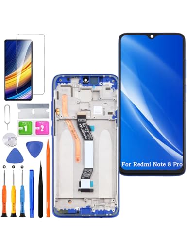 Screen Replacement for Xiaomi Redmi Note 8 Pro Original, 2015105 M1906G7I M1906G7G LCD Touch Panel Display Digitizer Assembly Repair Parts with Kit（Blue with Frame）