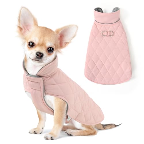 Mile High Life Warm Dog Coat, Dog Winter Jacket for Small Dogs, Windproof Water Resistant Dog Cold Weather Coats Cozy Snow Jacket Vest for Small Puppies（Pink, Medium）