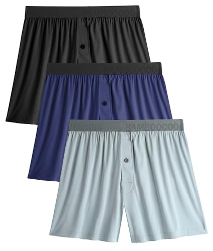 BAMBOO COOL Men's Boxer Shorts 3 Pack,Ice Silk Cooling Underwear with Button Fly,Soft Breathable Loose Fit Boxers