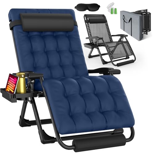 Oversized Zero Gravity Chair with Cushion XXL, 33In Padded Lounge Chair, Recliner Camping Chair W/Full-Alu Alloy Lock, Cushion, Storage Bag, Footrest, Cup Holder, Folding Chair Support 500lbs, Blue