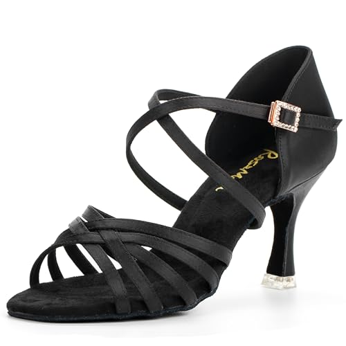 RoseMoli 3" Ballroom Dance Shoes Women Salsa Latin Dance Shoes for Woman Satin Professional Practice Performance for Dancing Heels Black 7.5
