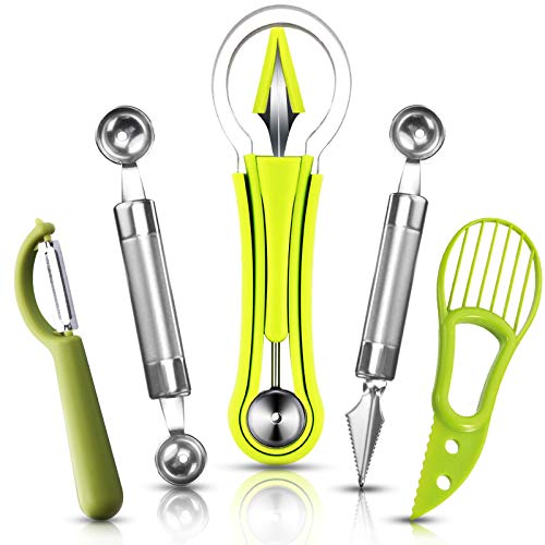 5Pcs Melon Baller Scoop Set, 4 in 1 Stainless Steel Fruit Scooper Seed Remover Cutter, Double Sided Melon Baller Spoon, Avocado Cutter, Watermelon Carving Knife for Dig Pulp Separator Fruit Slicer