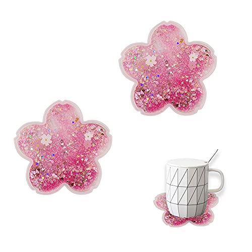 2 Pack Funny Drink Coasters Sakura Quicksand Coaster Silicone Tea Cup Mats Coffee Coasters Non-Slip Insulation Cup Pad Home Office Table Decor, 5.5 Inches